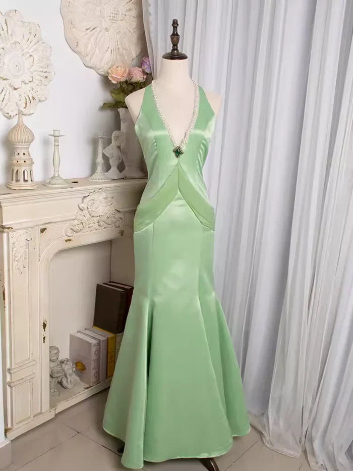 Green Vintage Mint Mermaid/Trumpet Halter Neck Sleeveless Backless Floor-Length Party Dresses