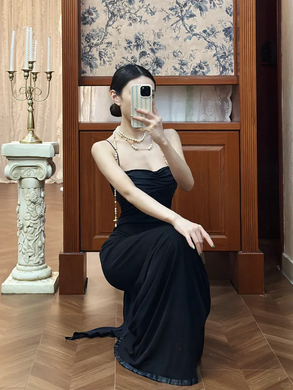 Vintage Sexy Mermaid Spaghetti Straps Black Satin Chiffon Prom Dress Graduation Prom Dress