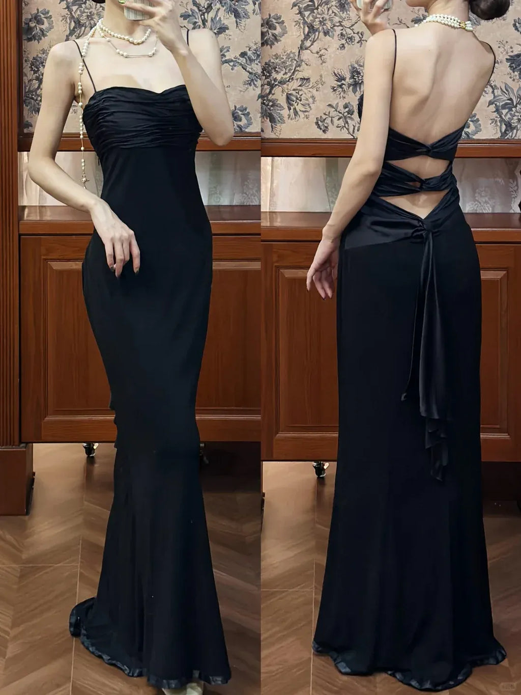 Vintage Sexy Mermaid Spaghetti Straps Black Satin Chiffon Prom Dress Graduation Prom Dress