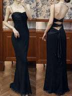 Vintage Sexy Mermaid Spaghetti Straps Black Satin Chiffon Prom Dress Graduation Prom Dress