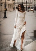 Vintage Sheath Boat Neck Long Sleeve Pleated Floor-Length Wedding Dress