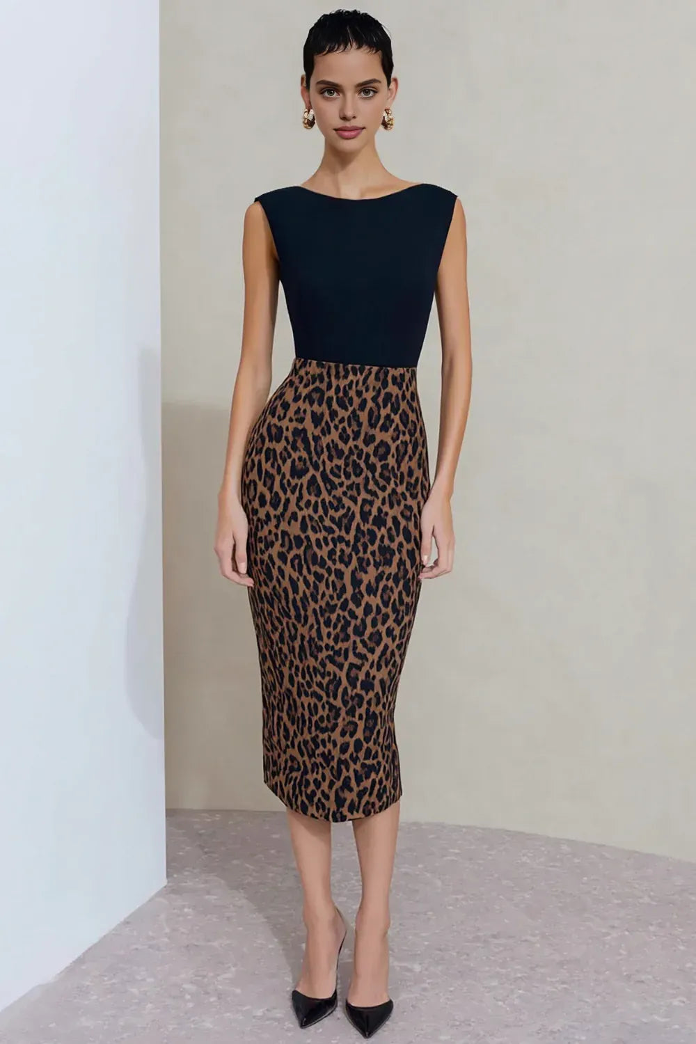 Vintage Sheath Column Jewel Neck Sleeveless Leopard Print Tea-Length Prom Dress