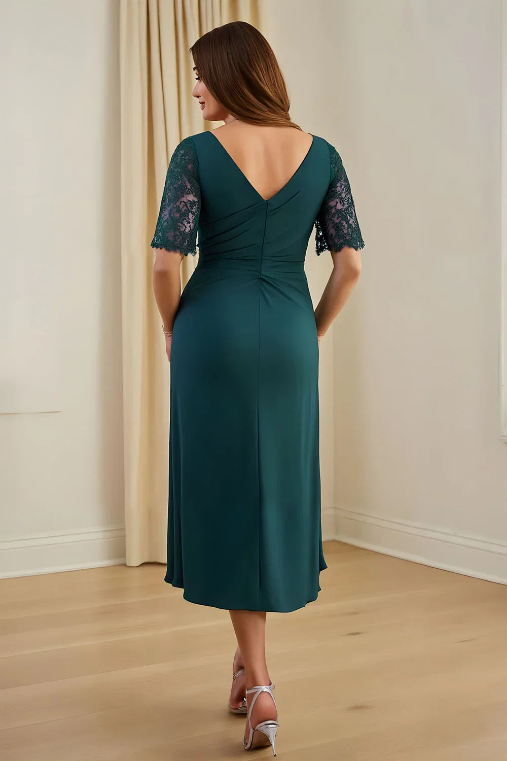 Vintage Sheath V-Neck Short Sleeve V Back Tea-Length Mother of the Bride Dress