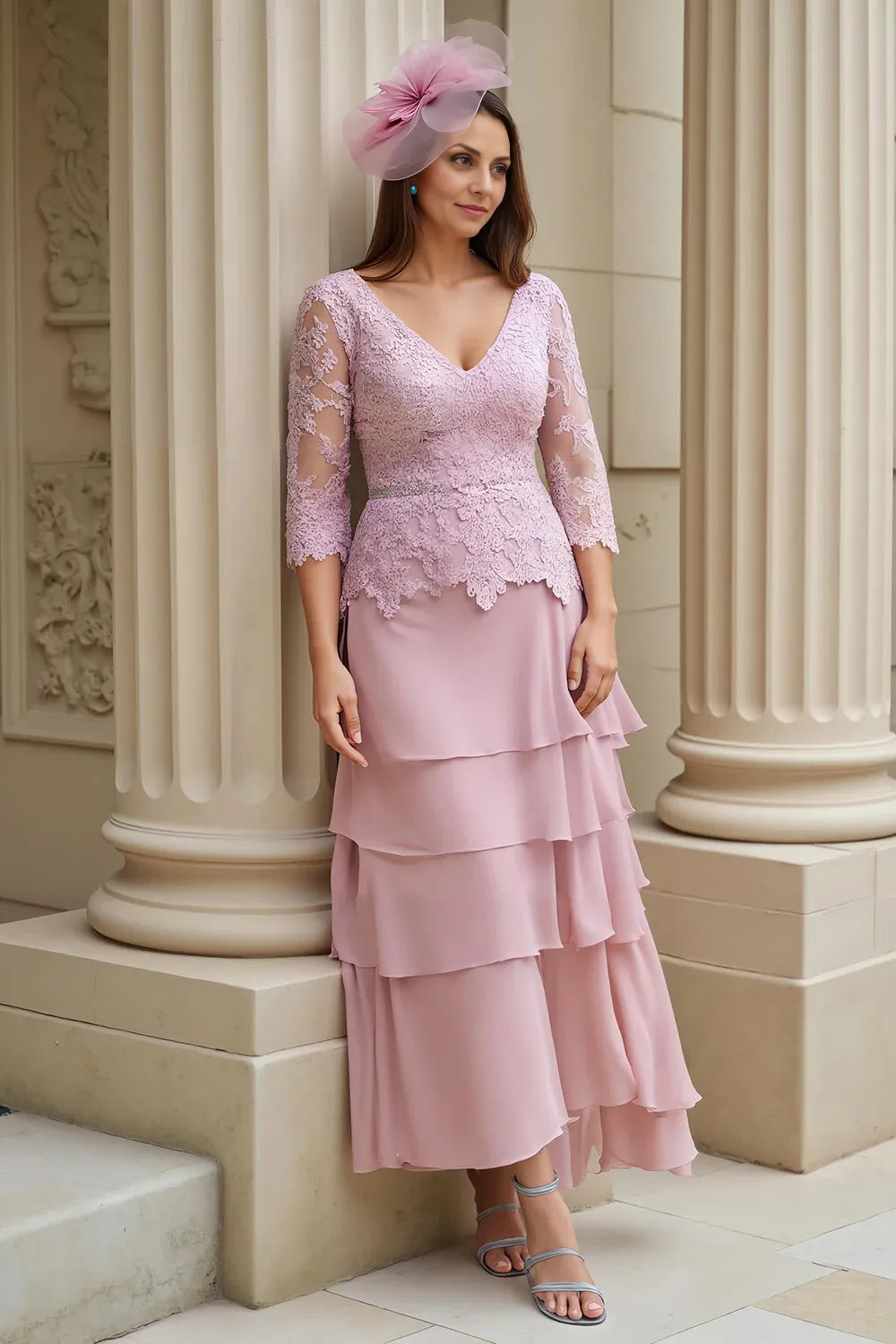 Vintage Sheath V Neck Long Sleeve Solid Color Ankle-Length Mother of the Bride Dress