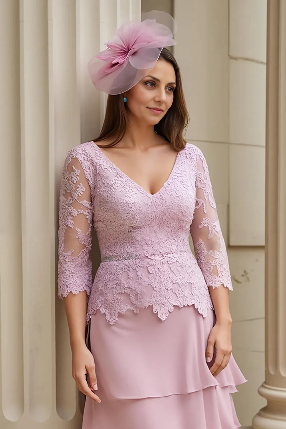 Vintage Sheath V Neck Long Sleeve Solid Color Ankle-Length Mother of the Bride Dress