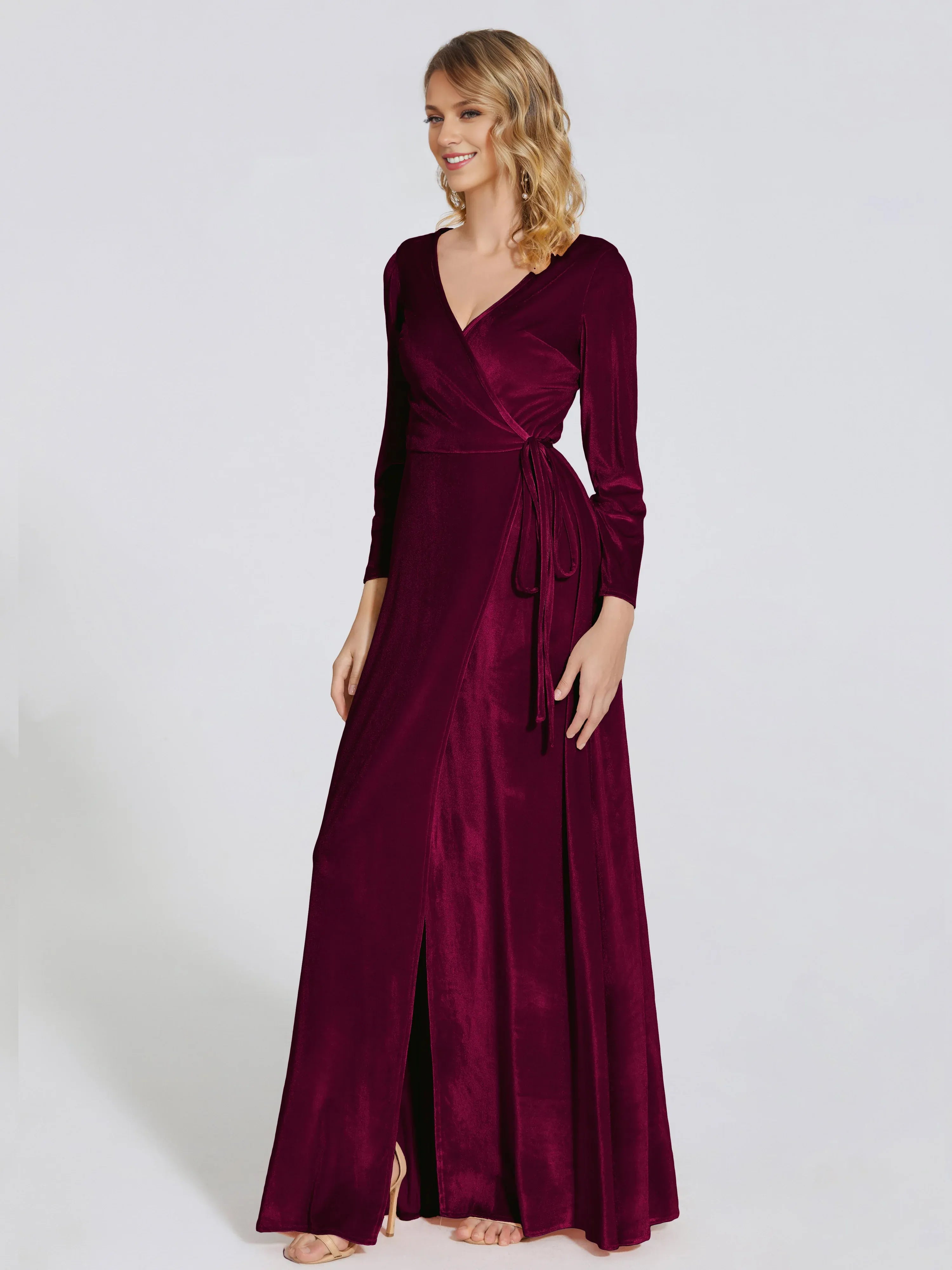 Vintage Sheath V Neck Long Sleeves Solid Color Floor-Length Prom Dress