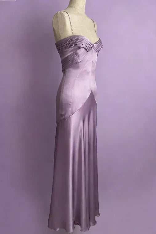 Vintage Simple A Line Spaghetti Strap Purple Satin Long Prom Dress