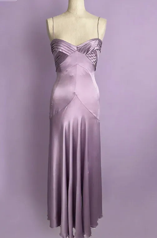 Vintage Simple A Line Spaghetti Strap Purple Satin Long Prom Dress