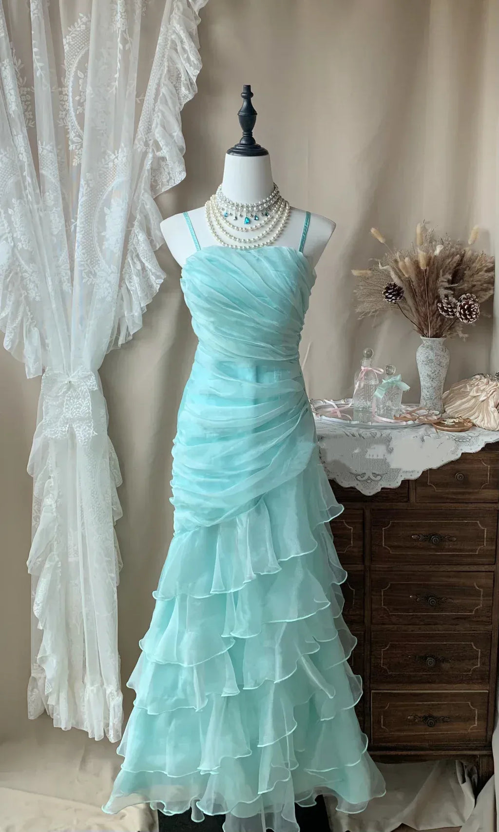 Vintage Spaghetti Straps Sleeveless Mermaid Pleated Floor-Length Party Dress