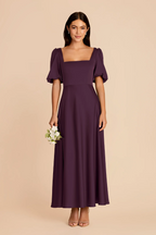 Vintage Square Neck Puff Sleeve Bridesmaid Dress with Open Back and Flowy A-Line Skirt