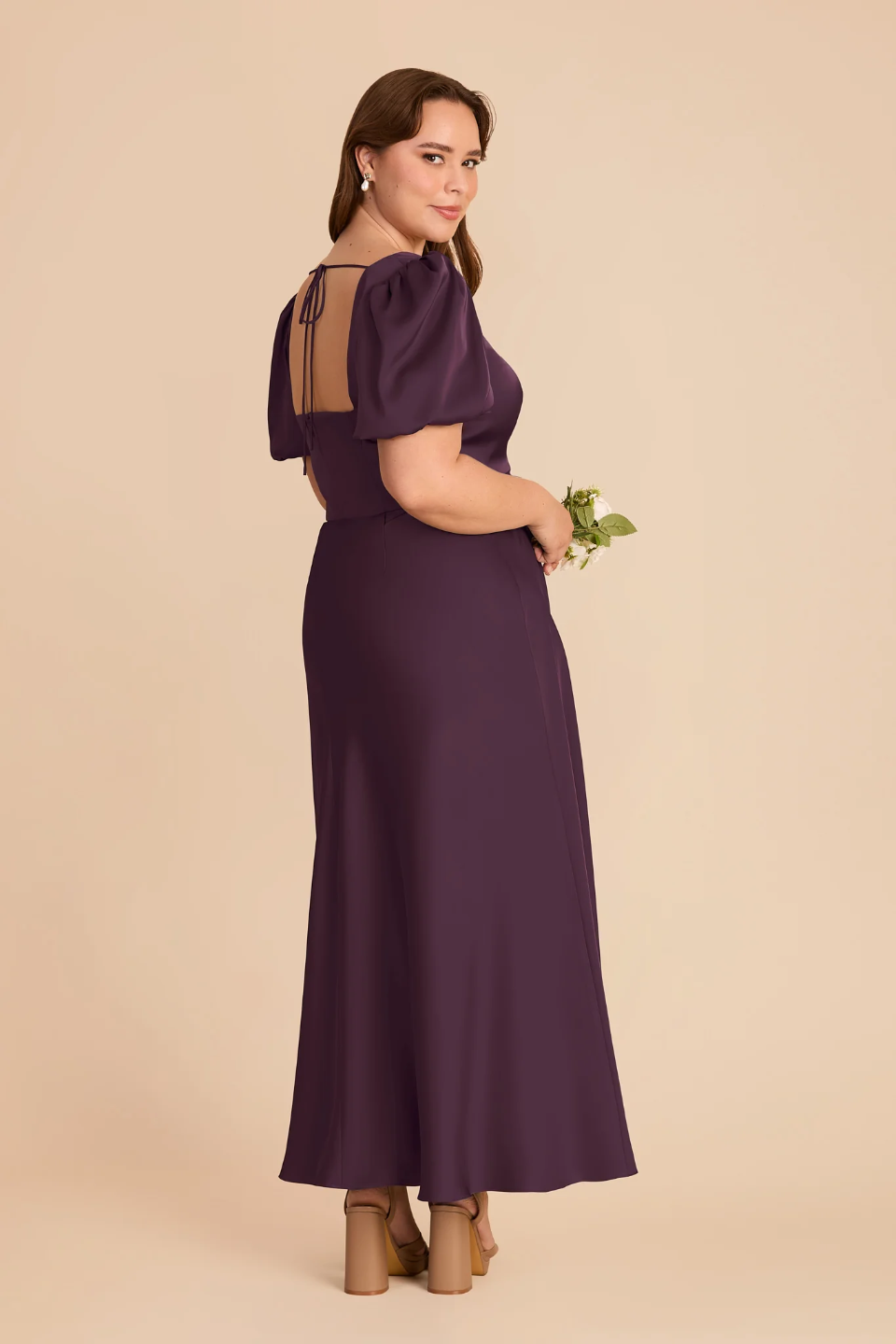 Vintage Square Neck Puff Sleeve Bridesmaid Dress with Open Back and Flowy A-Line Skirt