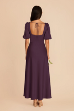 Vintage Square Neck Puff Sleeve Bridesmaid Dress with Open Back and Flowy A-Line Skirt
