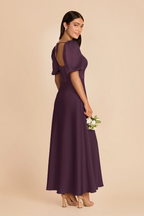Vintage Square Neck Puff Sleeve Bridesmaid Dress with Open Back and Flowy A-Line Skirt