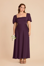 Vintage Square Neck Puff Sleeve Bridesmaid Dress with Open Back and Flowy A-Line Skirt