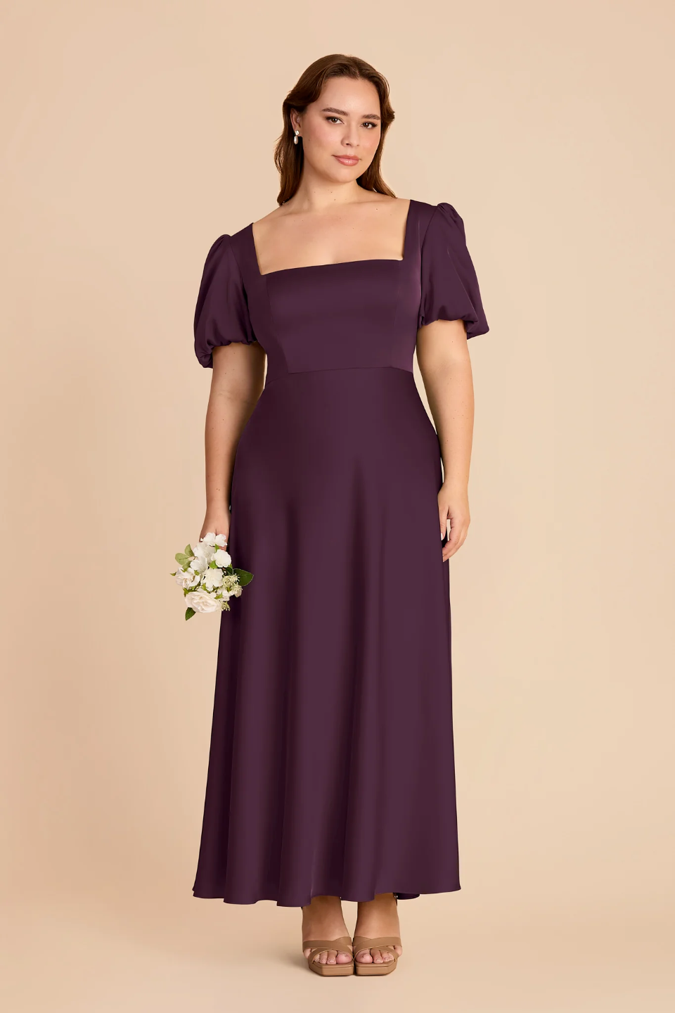 Vintage Square Neck Puff Sleeve Bridesmaid Dress with Open Back and Flowy A-Line Skirt