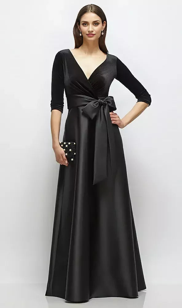 Vintage Wrap Bodice V Neck 3/4 Sleeve Scoop Back Floor-Length Mother of the Bride Dress