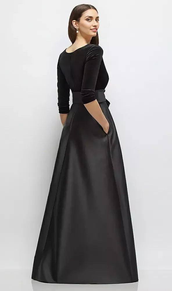 Vintage Wrap Bodice V Neck 3/4 Sleeve Scoop Back Floor-Length Mother of the Bride Dress
