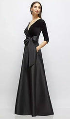 Vintage Wrap Bodice V Neck 3/4 Sleeve Scoop Back Floor-Length Mother of the Bride Dress
