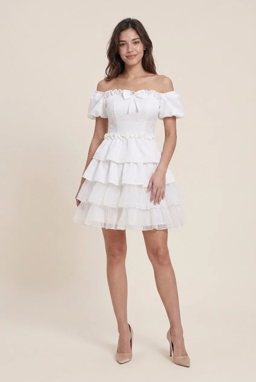 Cream Vintage A-Line Off-Shoulder Puff Sleeve Tie Ruffle Cream Mini Homecoming Dress