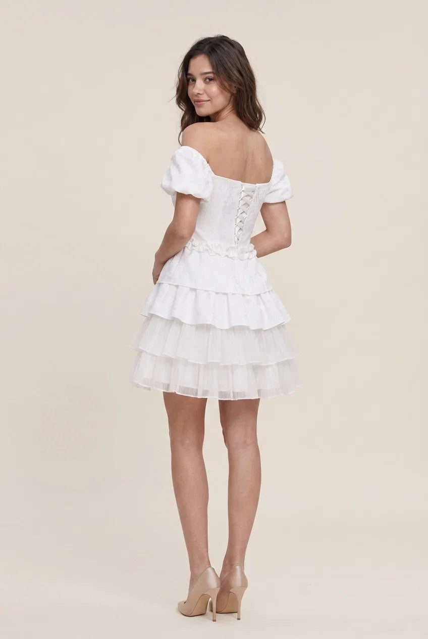 Cream Vintage A-Line Off-Shoulder Puff Sleeve Tie Ruffle Cream Mini Homecoming Dress