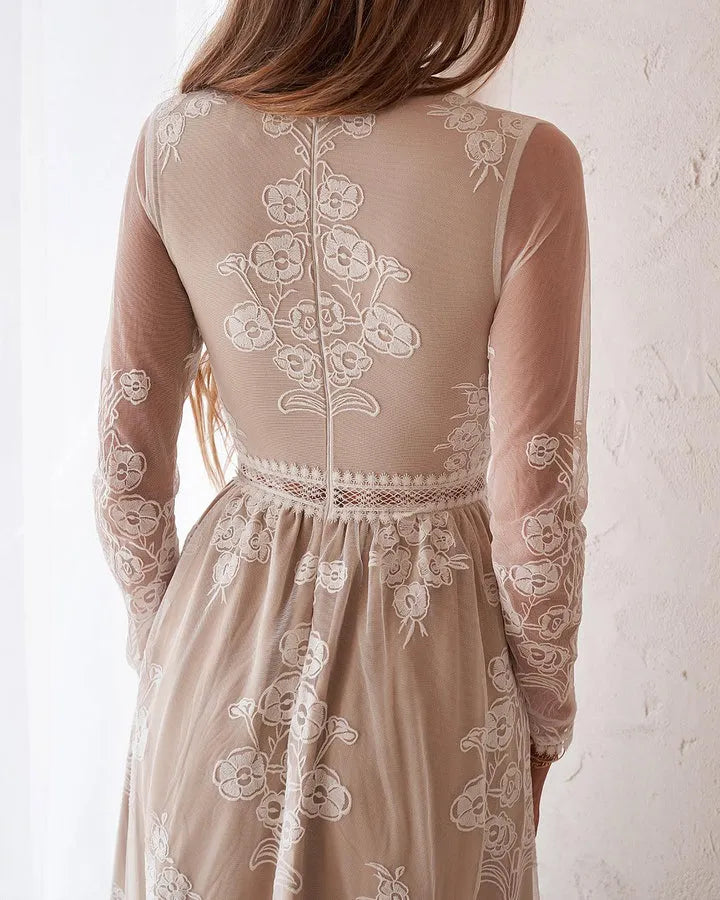 Vintage A-Line V Neck Long Sleeve Floor-Length Wedding Dress
