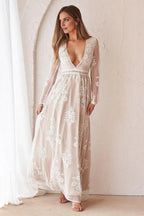 Vintage A-Line V Neck Long Sleeve Floor-Length Wedding Dress