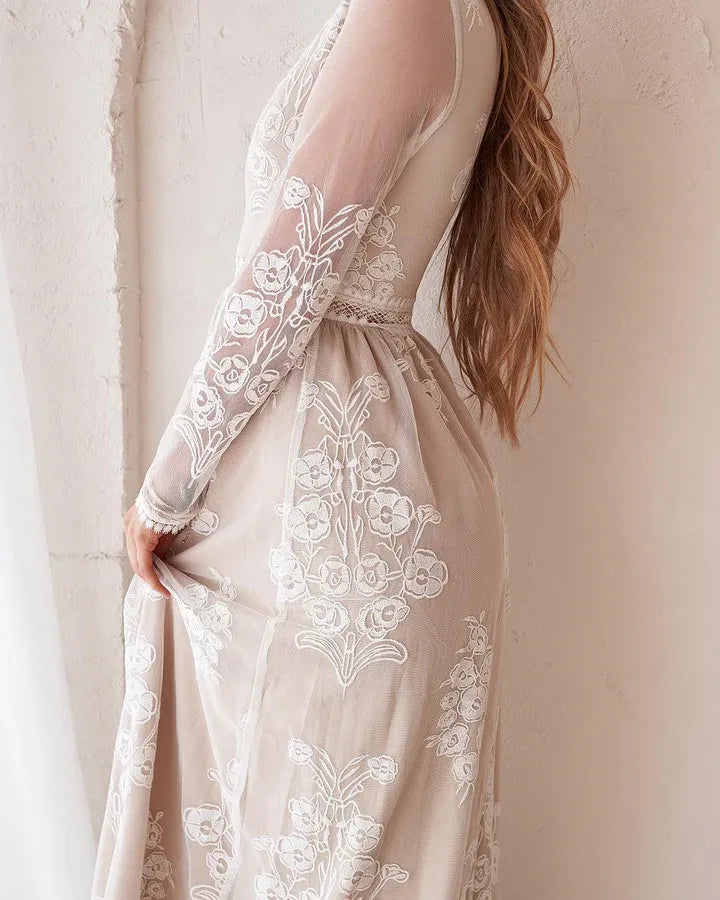 Vintage A-Line V Neck Long Sleeve Floor-Length Wedding Dress