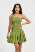 Green Vintage Chic A-Line Strapless Ruched Mini Homecoming Dress With Scarf