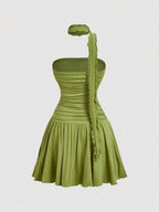 Green Vintage Chic A-Line Strapless Ruched Mini Homecoming Dress With Scarf