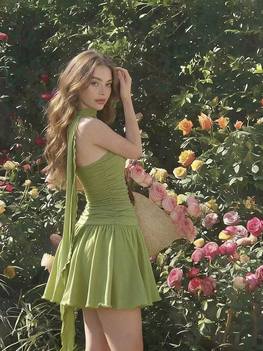 Green Vintage Chic A-Line Strapless Ruched Mini Homecoming Dress With Scarf