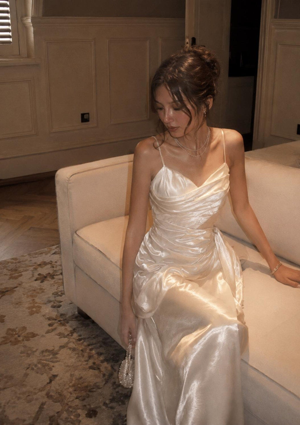 Cream Vintage French Sheath Sweetheart Ruched Floor-Length Prom Dress
