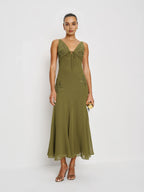 Vintage Mermaid V Neck Regular Straps Floral Applique Backless Moss Midi Prom Dress