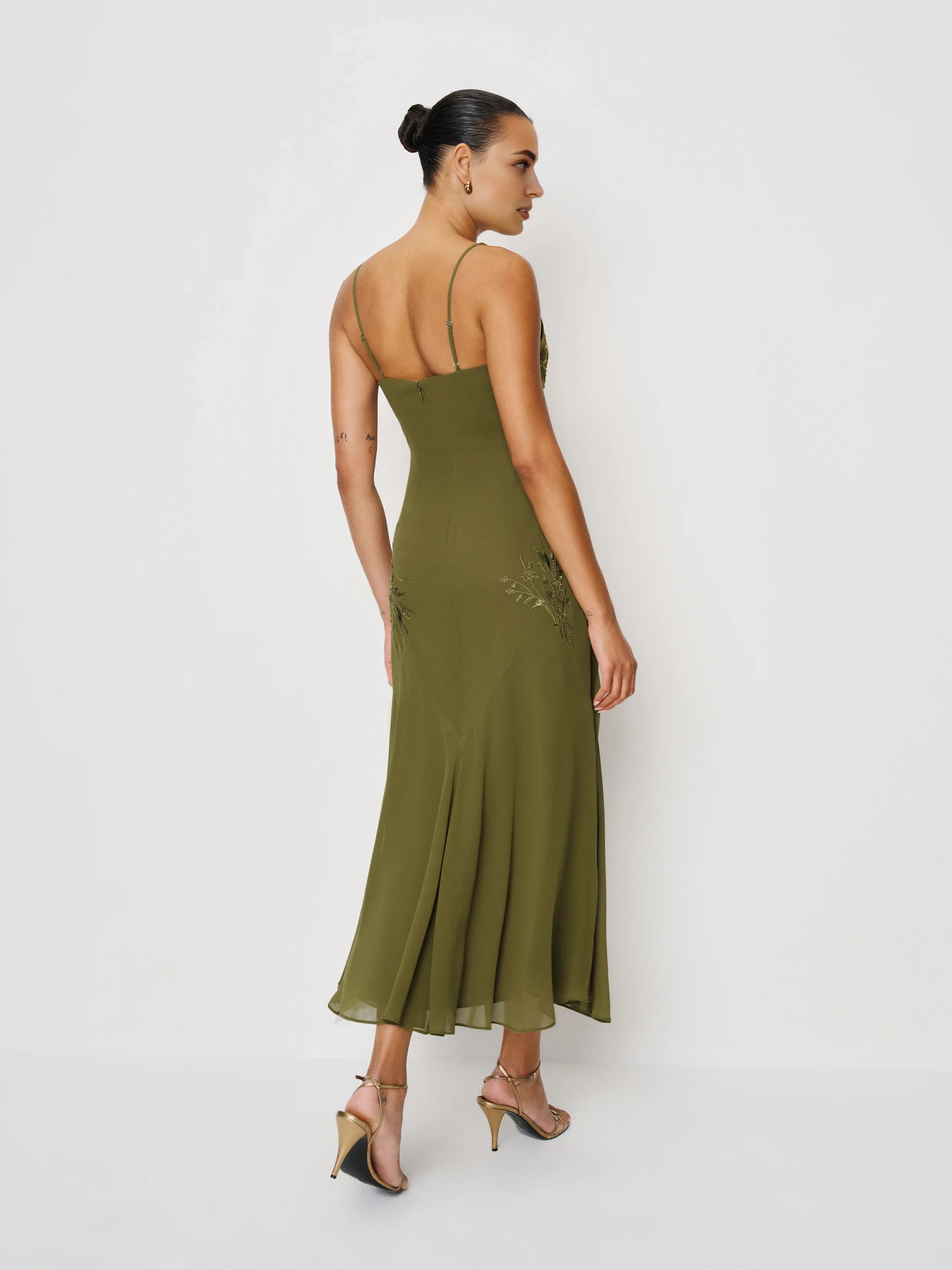 Vintage Mermaid V Neck Regular Straps Floral Applique Backless Moss Midi Prom Dress