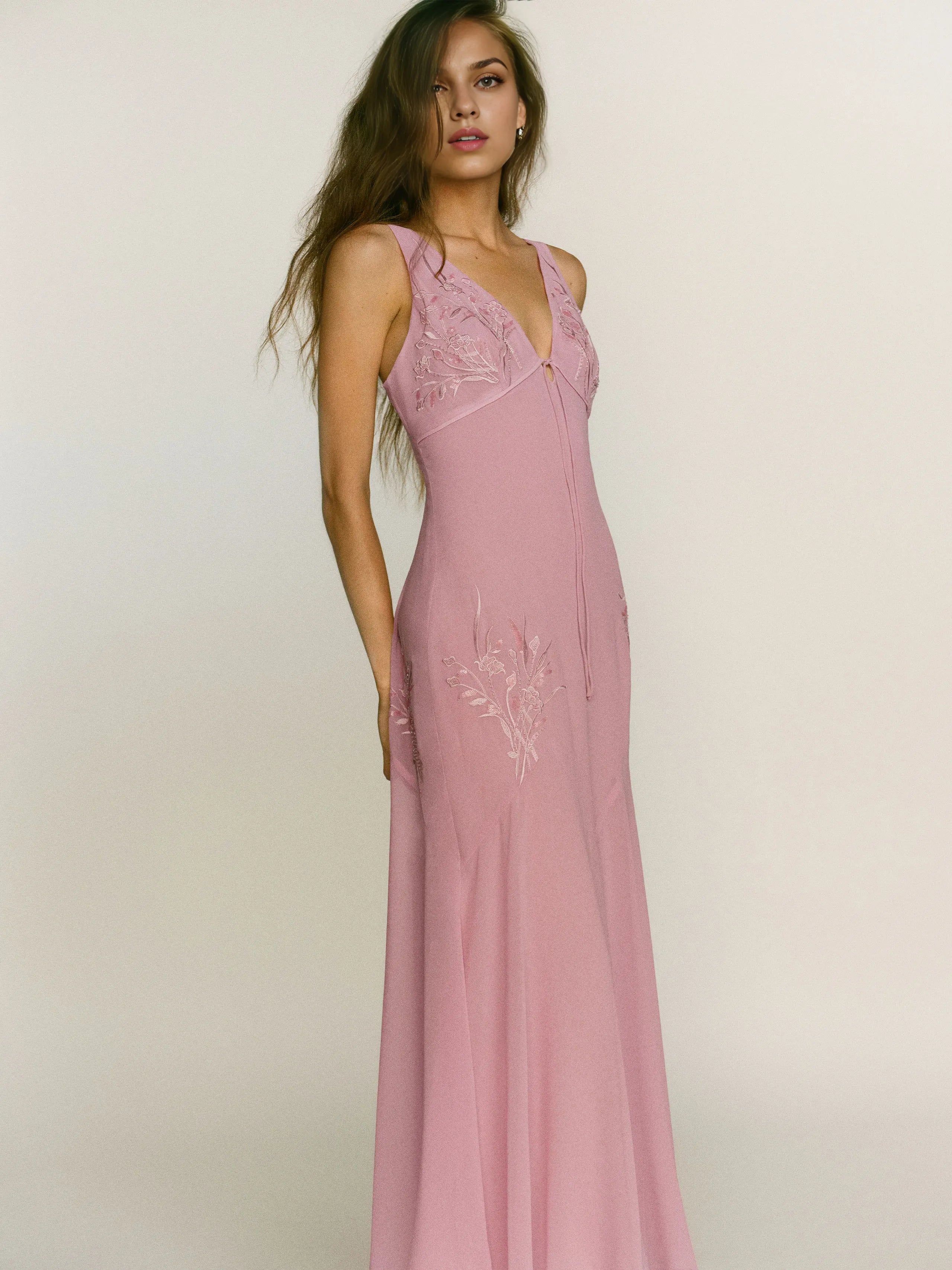 Vintage Mermaid V Neck Regular Straps Floral Applique Backless Moss Midi Prom Dress