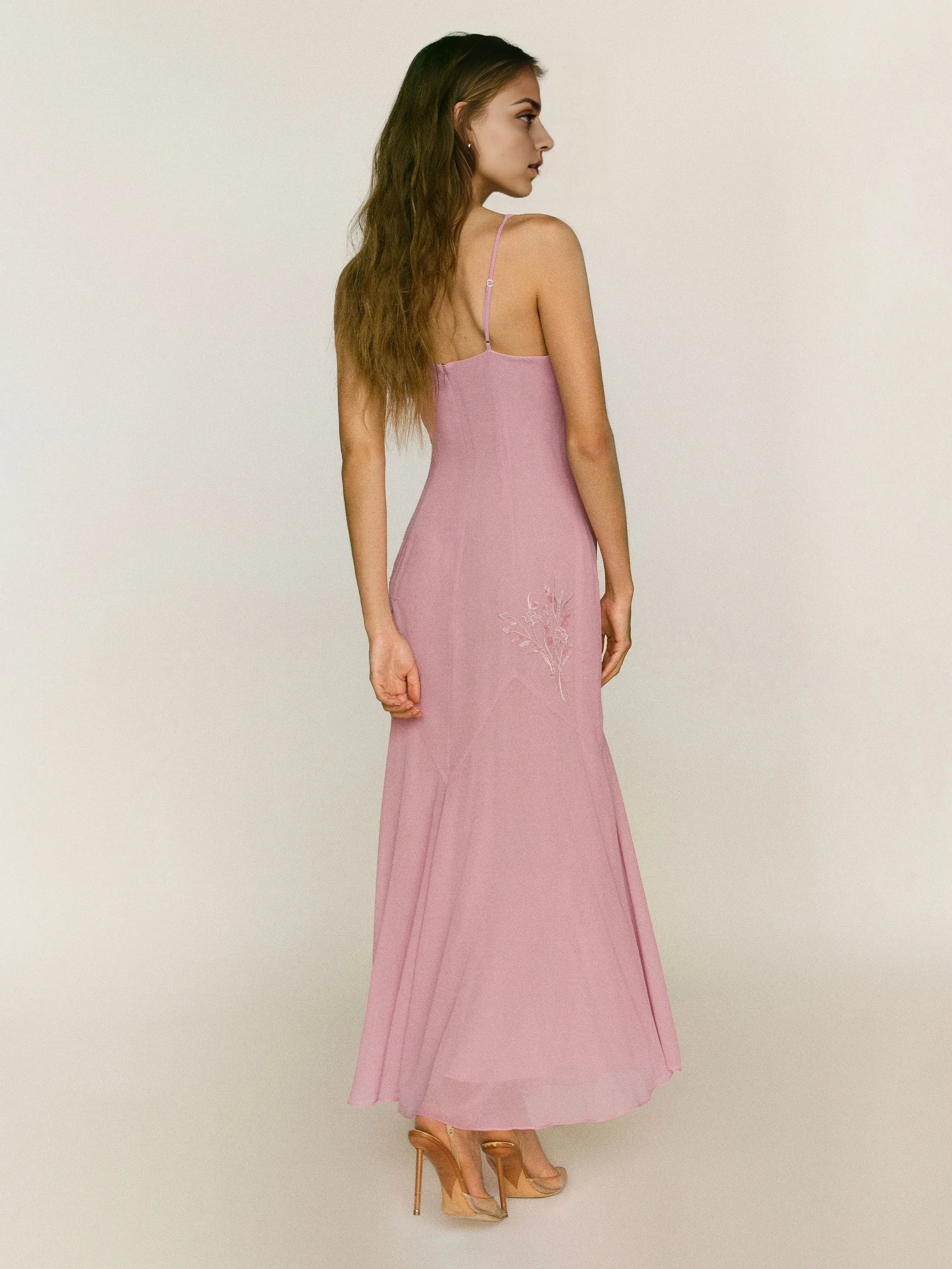 Vintage Mermaid V Neck Regular Straps Floral Applique Backless Moss Midi Prom Dress