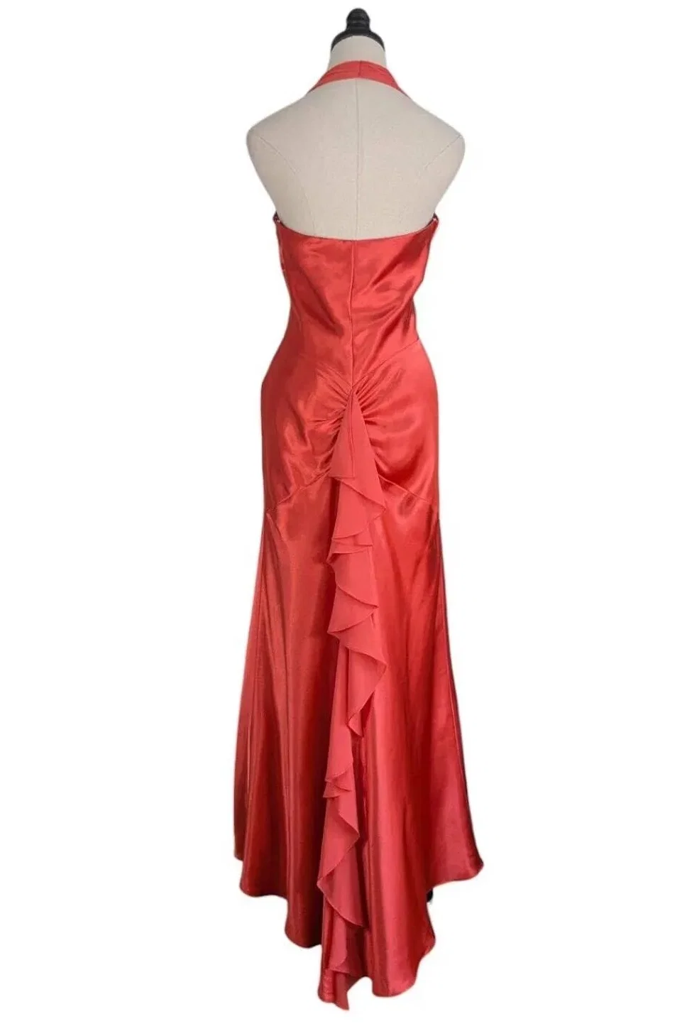 Coral Vintage Sheath Halter V-Neck Ruched Ruffled Floor-Length Prom Dress