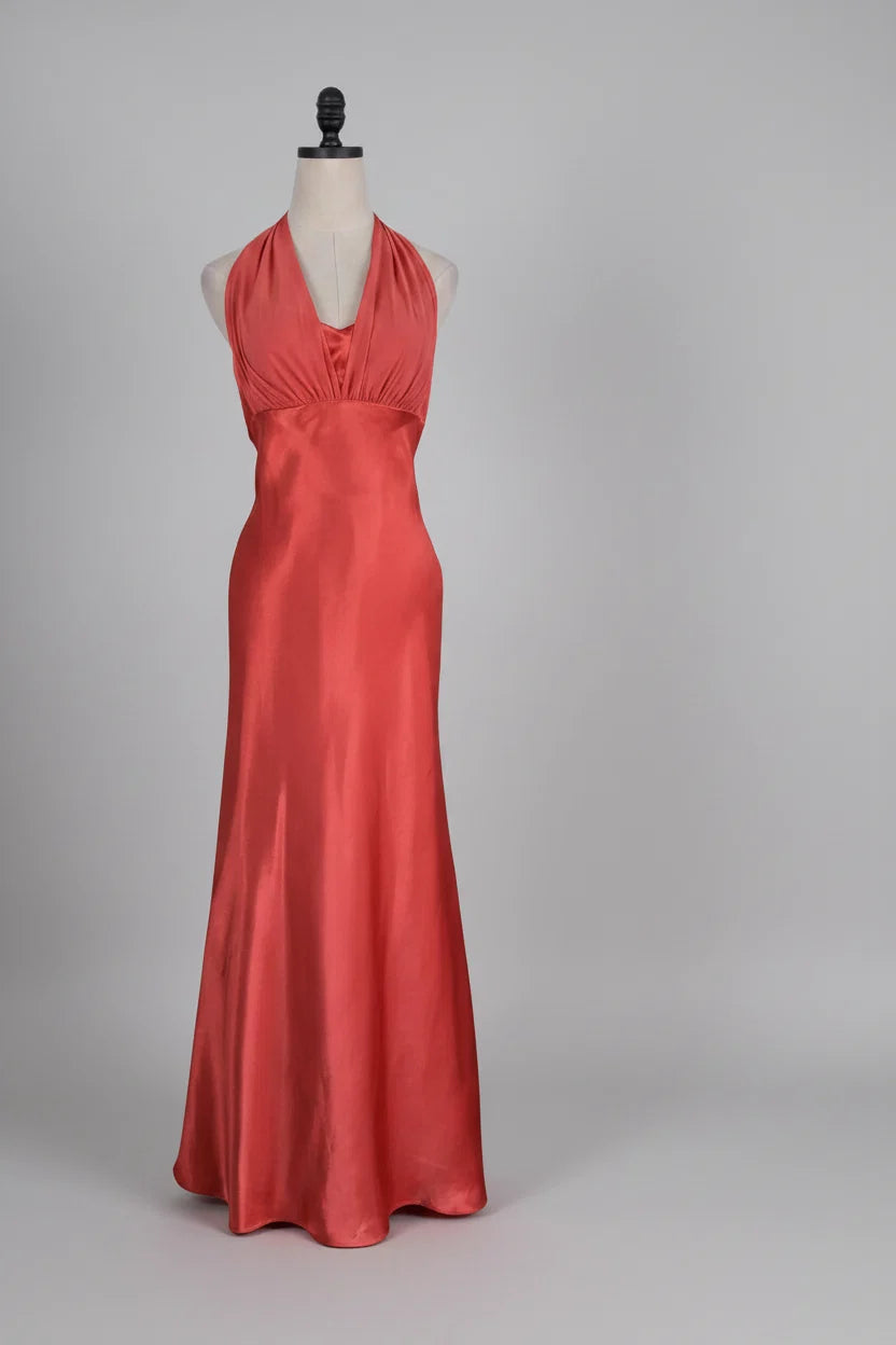 Coral Vintage Sheath Halter V-Neck Ruched Ruffled Floor-Length Prom Dress
