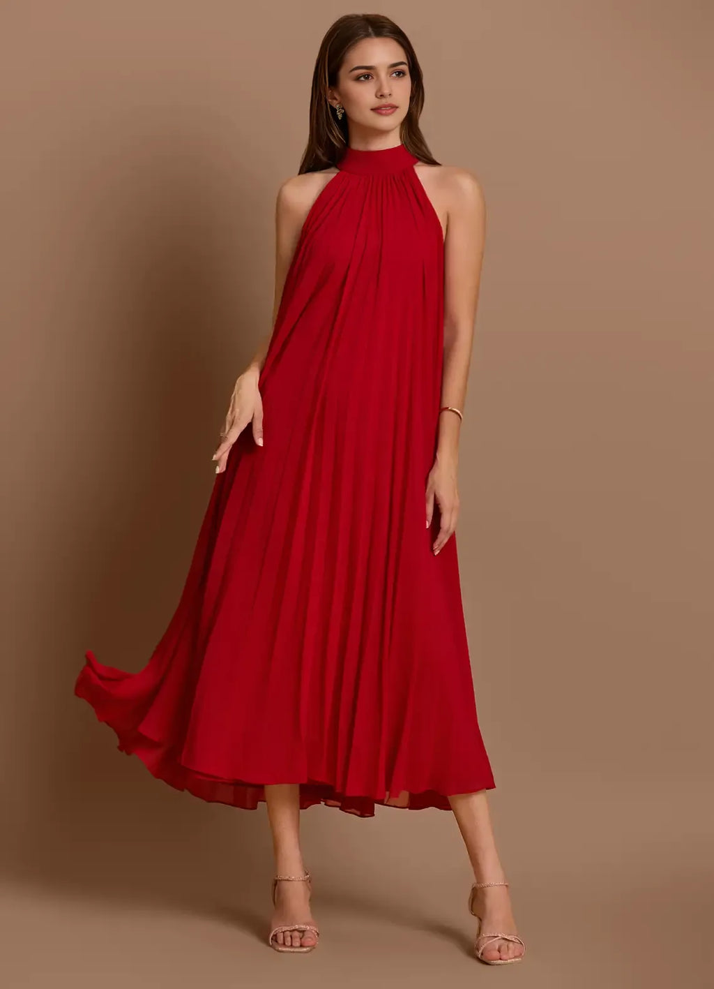 Vivacious A Line Halter Neck Sleeveless Bow Back Midi Length For Ladies Prom Dress