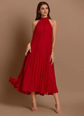 Vivacious A Line Halter Neck Sleeveless Bow Back Midi Length For Ladies Prom Dress