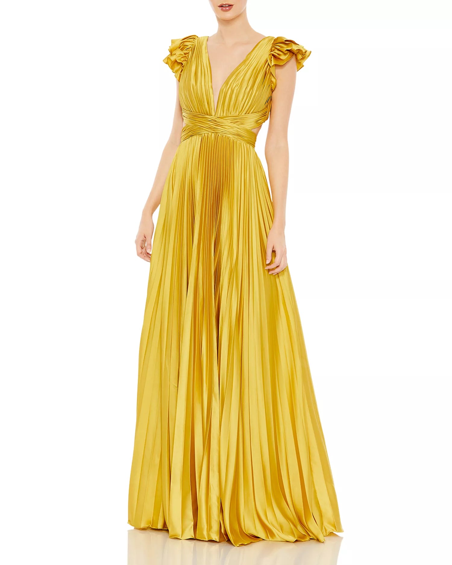 Vivid A Line Deep V Neck Ruffled Cap Sleeve Crisscross Back Floor Length For Women Prom Dress