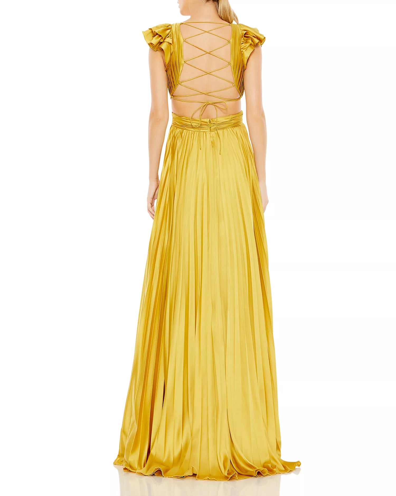 Vivid A Line Deep V Neck Ruffled Cap Sleeve Crisscross Back Floor Length For Women Prom Dress