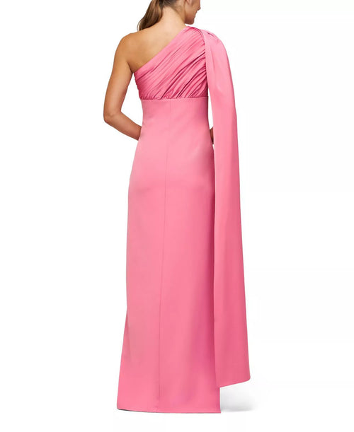 Robe de bal longue asymétrique à manches cape, froncée au dos, coupe sirène et couleur vive pour femme