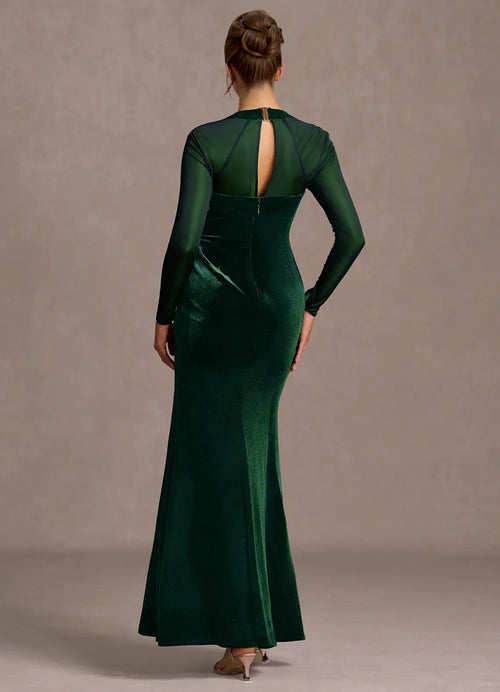 Robe de bal longue pour femme, en trompette vive, avec encolure carrée, manches longues transparentes et dos découpé.