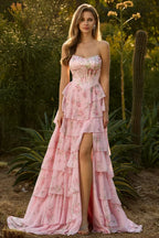 Vivid A-Line Strapless Floral Beaded Corset Tiered Ruffle Blush Prom Dress With Slit
