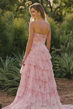 Vivid A-Line Strapless Floral Beaded Corset Tiered Ruffle Blush Prom Dress With Slit