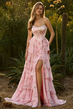 Vivid A-Line Strapless Floral Beaded Corset Tiered Ruffle Blush Prom Dress With Slit