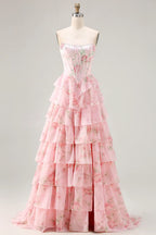 Vivid A-Line Strapless Floral Beaded Corset Tiered Ruffle Blush Prom Dress With Slit