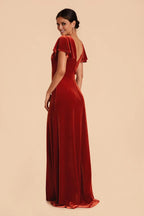 Warm Burnt Orange Velvet V-Neck Flutter-Sleeve Maxi Bridesmaid Dress with High Side Slit & Open Back