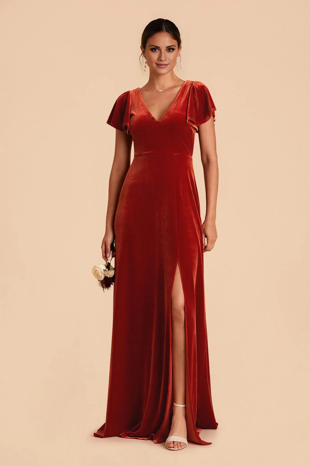 Warm Burnt Orange Velvet V-Neck Flutter-Sleeve Maxi Bridesmaid Dress with High Side Slit & Open Back