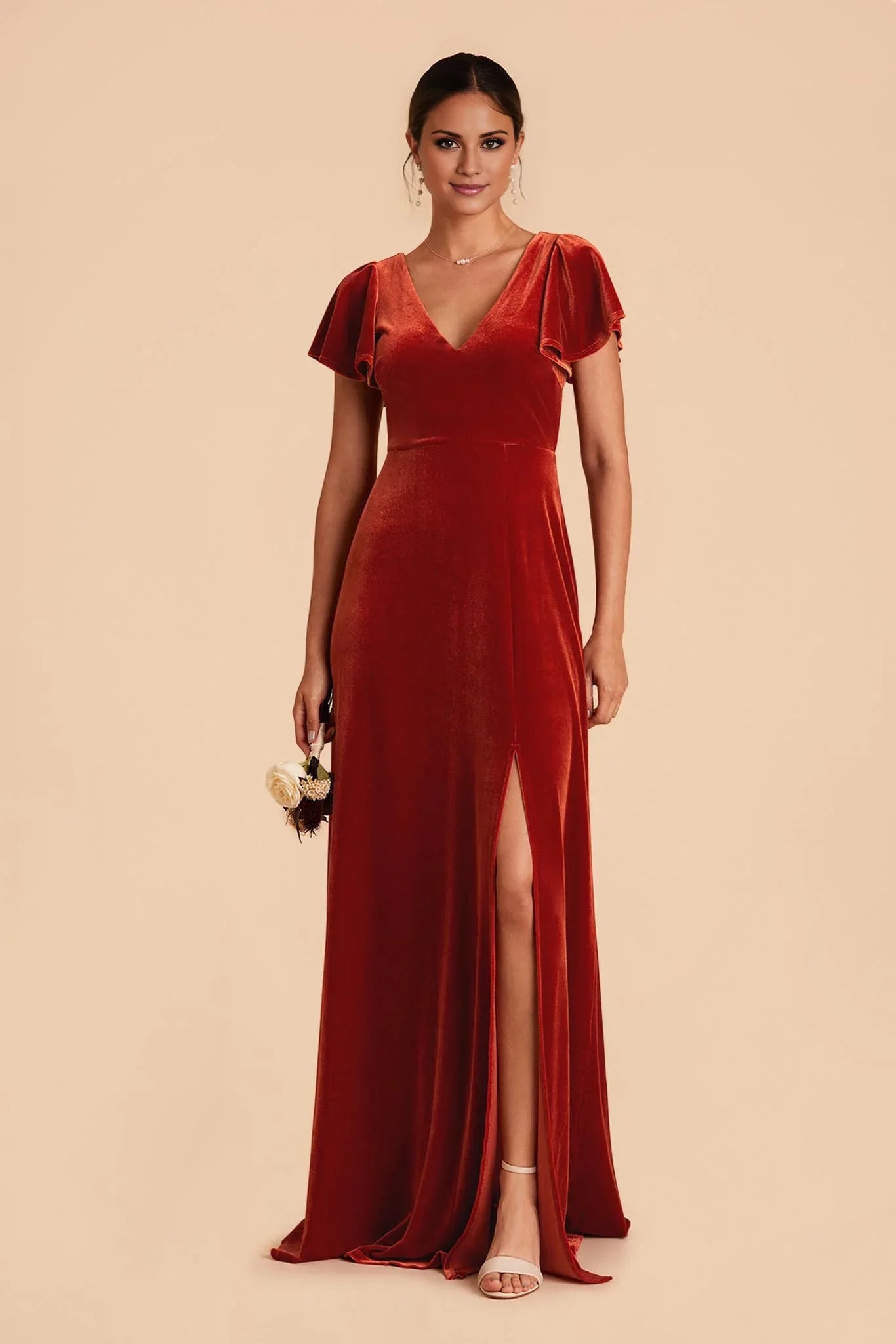 Warm Burnt Orange Velvet V-Neck Flutter-Sleeve Maxi Bridesmaid Dress with High Side Slit & Open Back